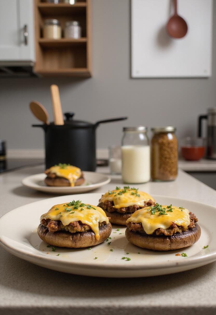 Realistic image of stuffed portobello mushrooms on a ceramic dish in a bright kitchen, showcasing the baked dish with melted cheese and herbs, with a clean, modern kitchen scene around it.