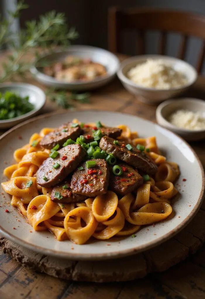 A realistic image of Sweet and Spicy Garlic Steak Pasta plated on a wooden table, showing slices of steak with pasta covered in a spicy garlic sauce, garnished with green onions and red pepper flakes, in a cozy home environment.