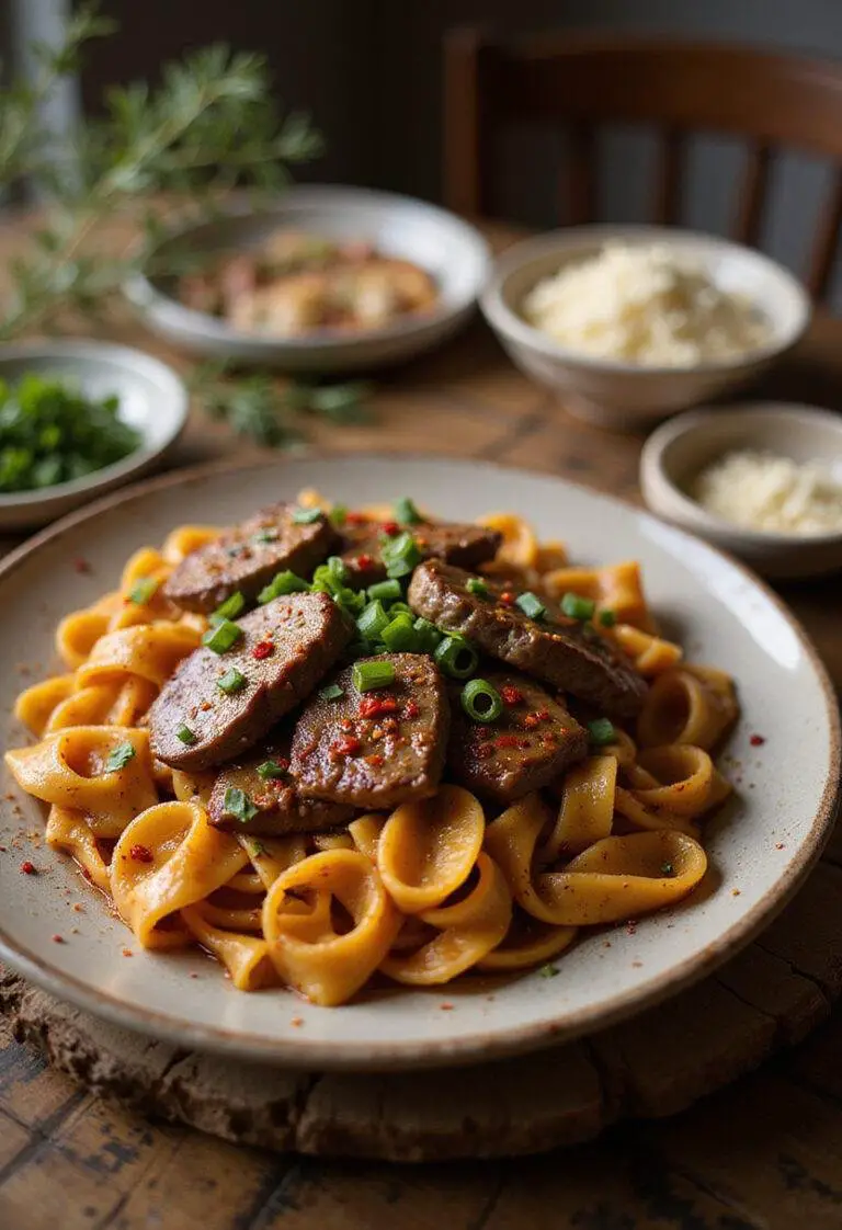A realistic image of Sweet and Spicy Garlic Steak Pasta plated on a wooden table, showing slices of steak with pasta covered in a spicy garlic sauce, garnished with green onions and red pepper flakes, in a cozy home environment.
