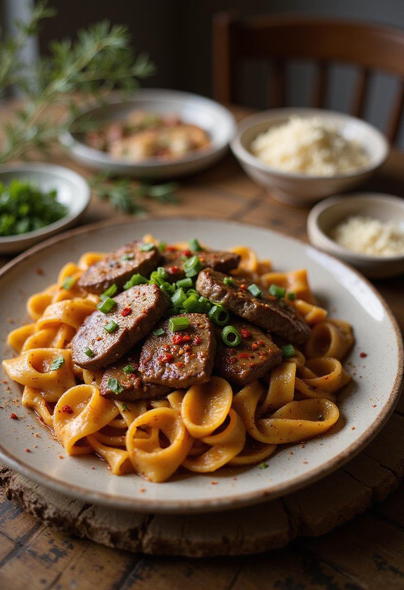 A realistic image of Sweet and Spicy Garlic Steak Pasta plated on a wooden table, showing slices of steak with pasta covered in a spicy garlic sauce, garnished with green onions and red pepper flakes, in a cozy home environment.