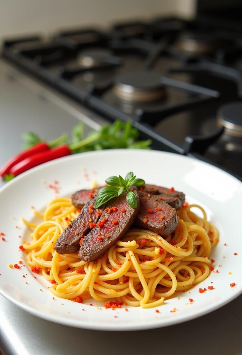 A realistic image of Sweet and Spicy Garlic Steak Pasta presented on a white plate in a kitchen setting, showing sliced steak on pasta with a spicy garlic sauce, garnished with herbs and red pepper flakes, with kitchen appliances in the background.