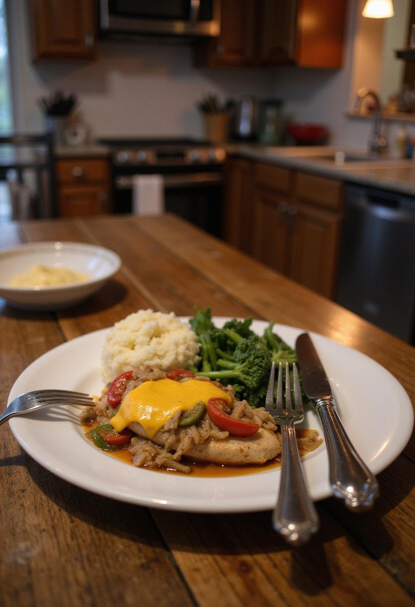 A cozy home kitchen scene featuring a plated smothered chicken dish with melted cheese, sautéed onions, and peppers, served with mashed potatoes and vegetables on a white plate, in warm, inviting lighting.