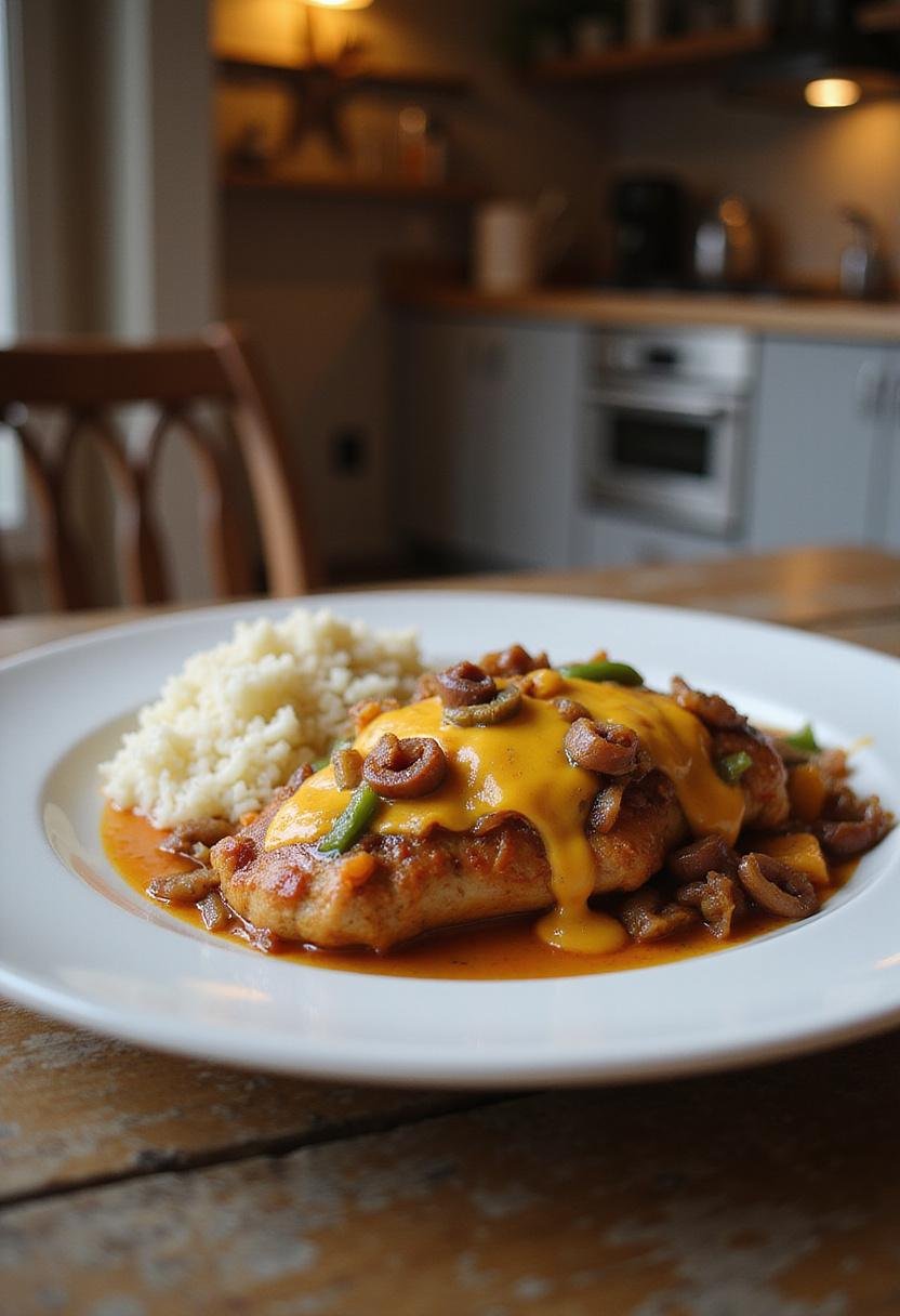 A realistic image of smothered chicken served on a white plate in a cozy kitchen setting, topped with cheese, onions, and peppers, with side dishes on a rustic wooden table, captured in warm lighting.