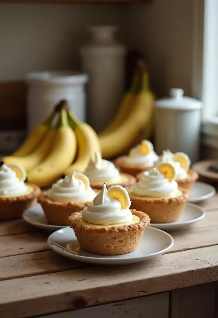 Close-up of mini banana cream pies on a cozy kitchen counter, featuring whipped topping and banana slices, with fresh bananas and whipped cream nearby for a warm, inviting scene.