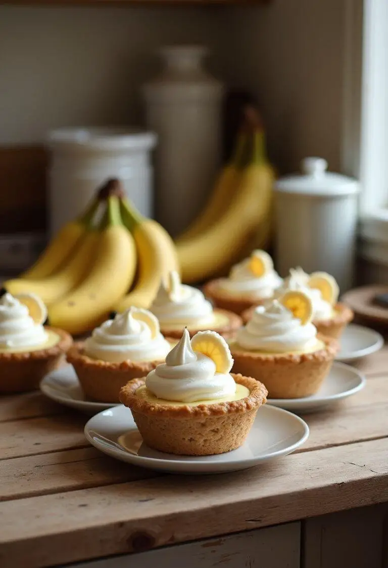 Close-up of mini banana cream pies on a cozy kitchen counter, featuring whipped topping and banana slices, with fresh bananas and whipped cream nearby for a warm, inviting scene.