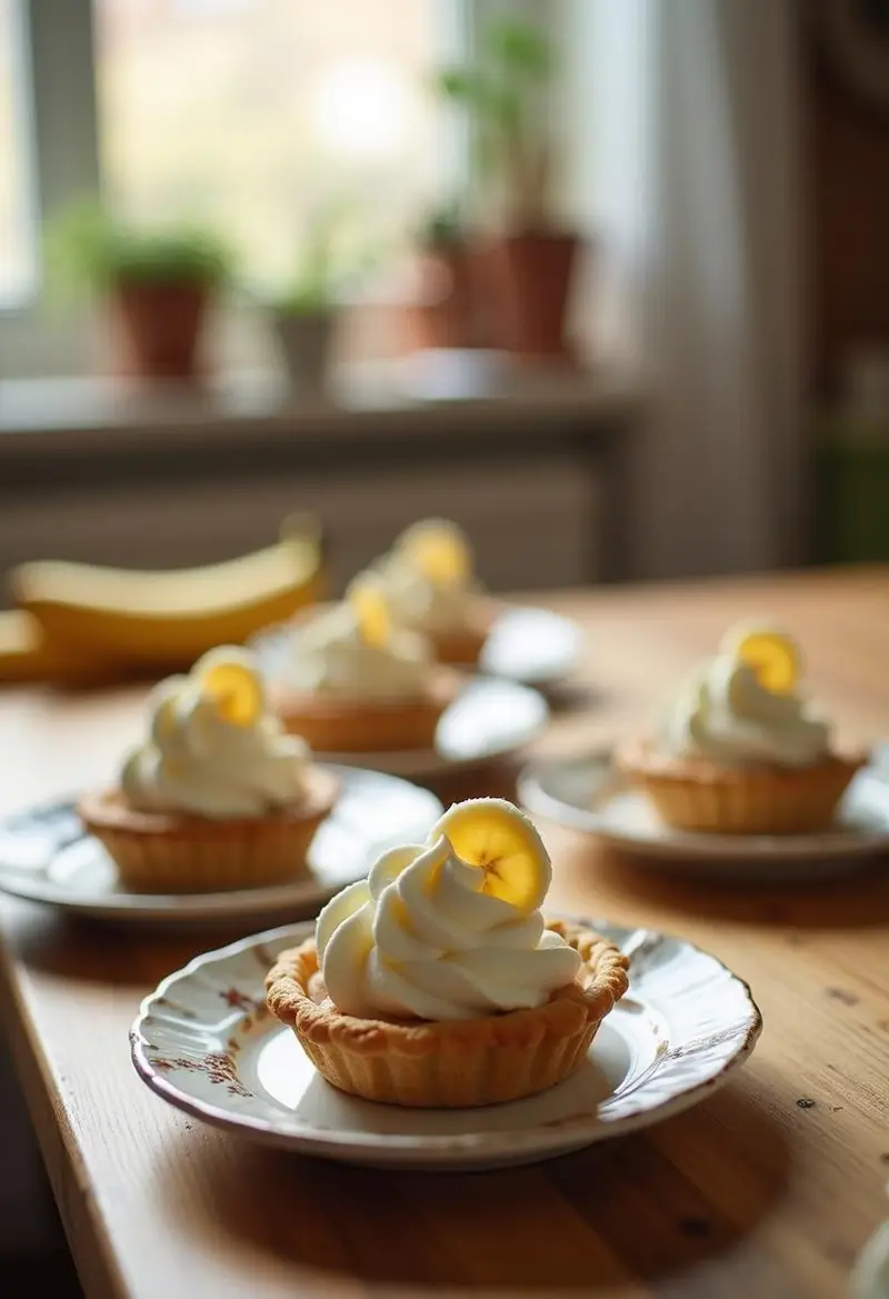 Close-up of mini banana cream pies arranged on a cozy home kitchen table, featuring whipped cream and banana slices, creating a warm and inviting atmosphere.