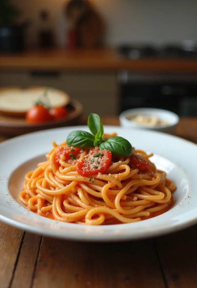 Creamy tomato pasta served on a white plate with basil garnish, presented in a cozy home kitchen setting with warm lighting and rustic wooden surface.