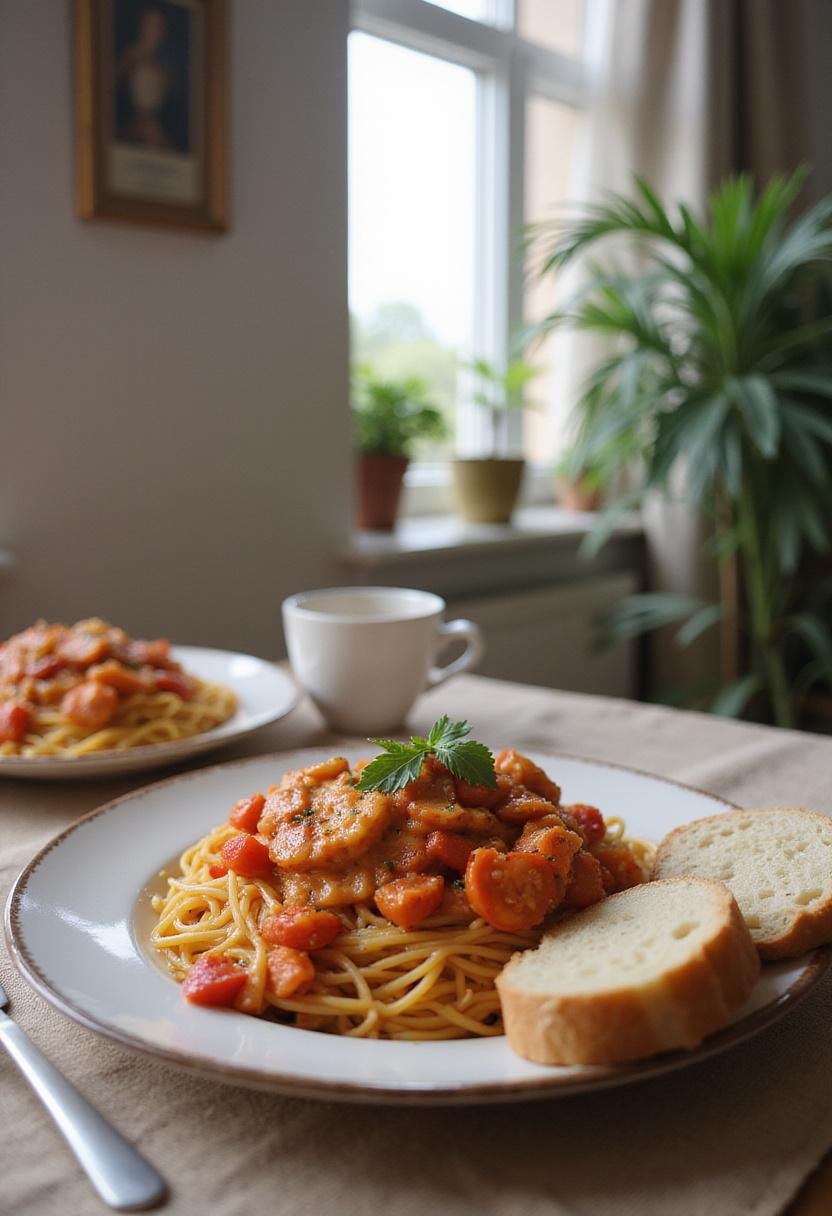 Creamy tomato pasta served on a plate, styled on a breakfast table in a cozy home dining area, with crusty bread and warm natural light streaming through a window.