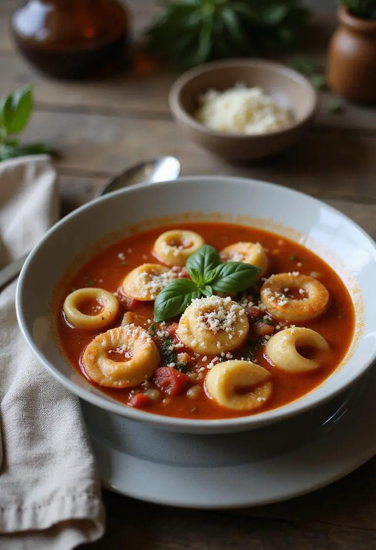 A cozy home setting showing a bowl of tomato tortellini soup with tortellini pasta in a tomato broth, garnished with basil and cheese, on a wooden table with a spoon and napkin for a warm, inviting look.