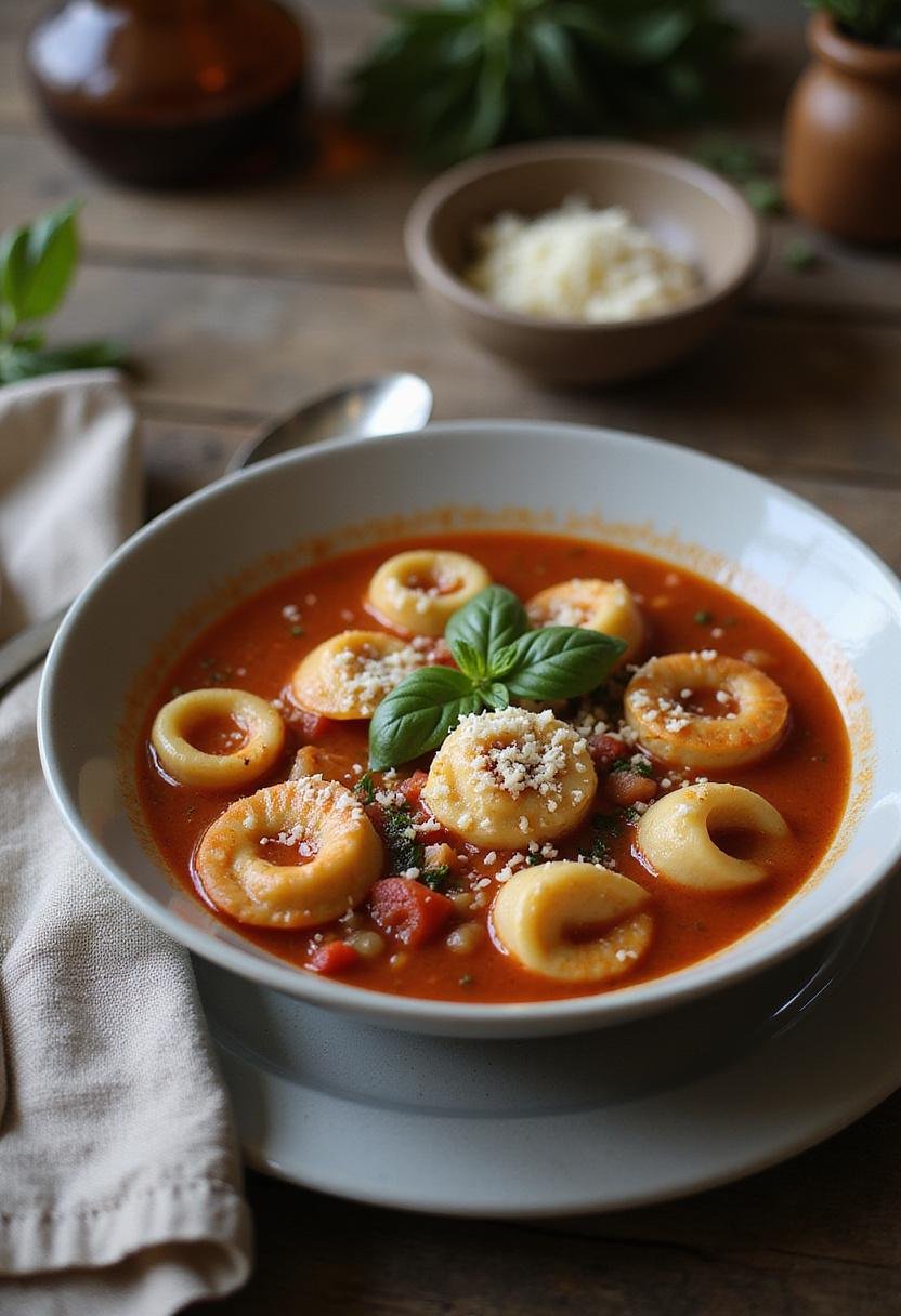 A cozy home setting showing a bowl of tomato tortellini soup with tortellini pasta in a tomato broth, garnished with basil and cheese, on a wooden table with a spoon and napkin for a warm, inviting look.