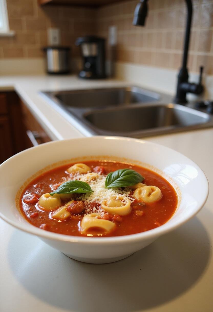 A home kitchen scene with a bowl of tomato tortellini soup featuring pasta in tomato broth, garnished with fresh herbs and cheese, placed on a kitchen counter next to utensils and a tiled backsplash.