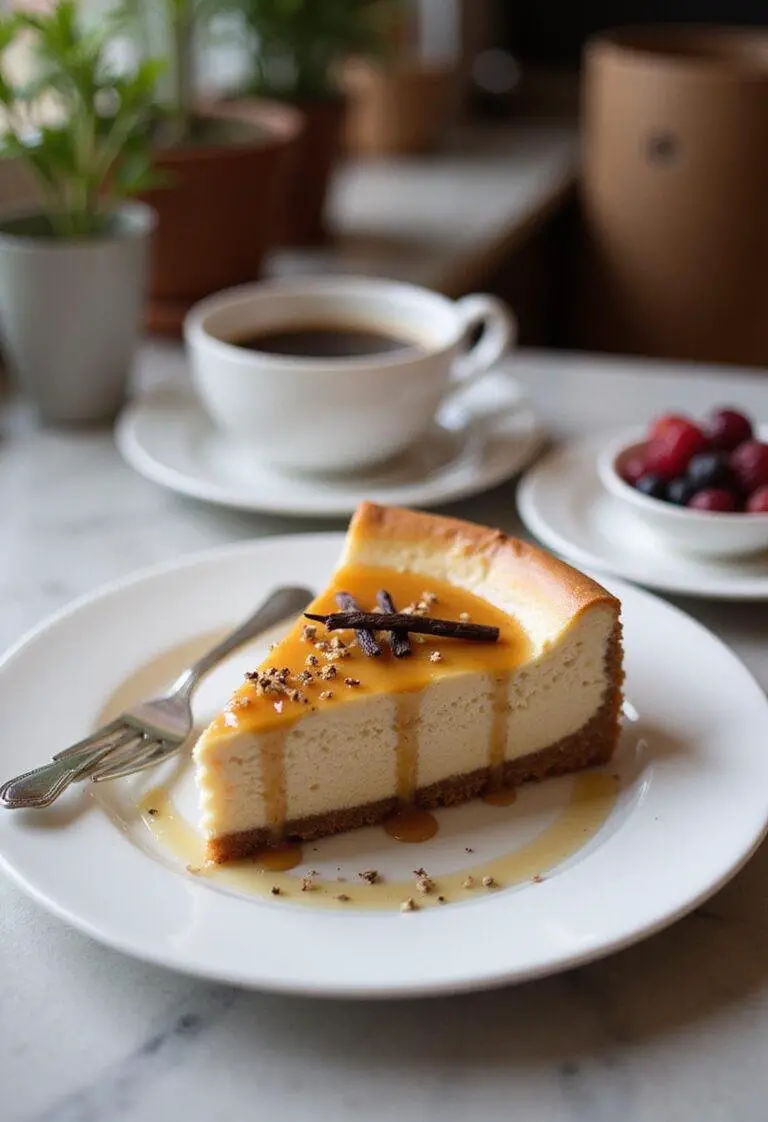 A realistic image of a vanilla bean brown butter cheesecake on a white plate in a cozy home kitchen, featuring vanilla bean specks, a caramel brown butter drizzle, and a warm ambiance.