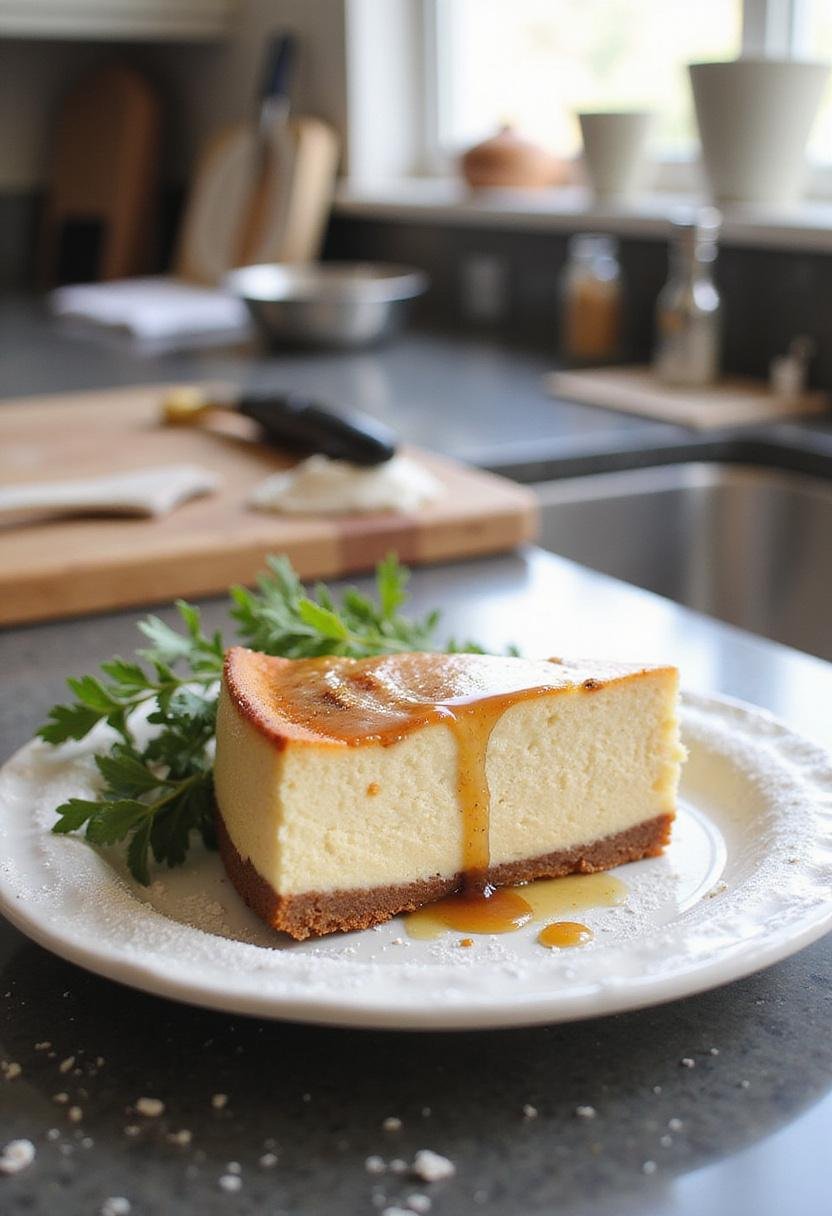 A realistic image of vanilla bean brown butter cheesecake presented in a kitchen setting, with a glossy glaze, vanilla bean specks, and a cozy, well-lit environment.