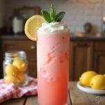 A realistic image of whipped pink lemonade served in a tall glass, garnished with lemon and mint, shown on a cozy wooden table with warm lighting and summer-inspired decorations, highlighting a refreshing summer drink.