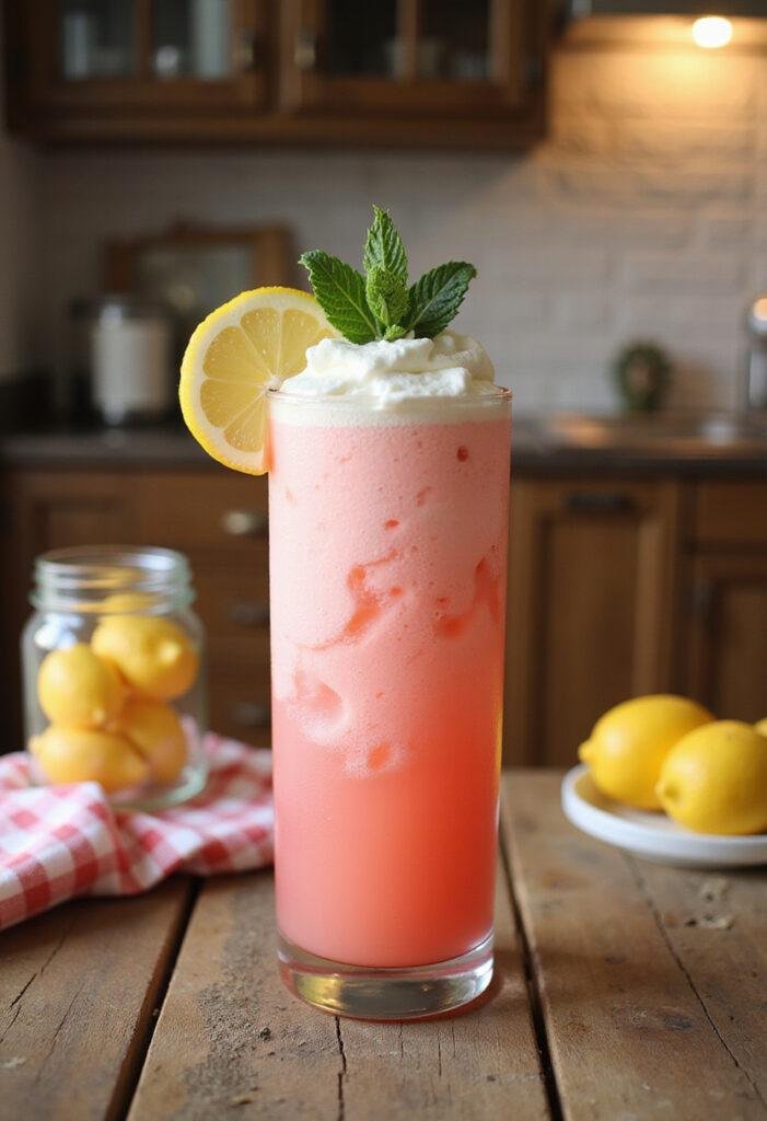 A realistic image of whipped pink lemonade served in a tall glass, garnished with lemon and mint, shown on a cozy wooden table with warm lighting and summer-inspired decorations, highlighting a refreshing summer drink.