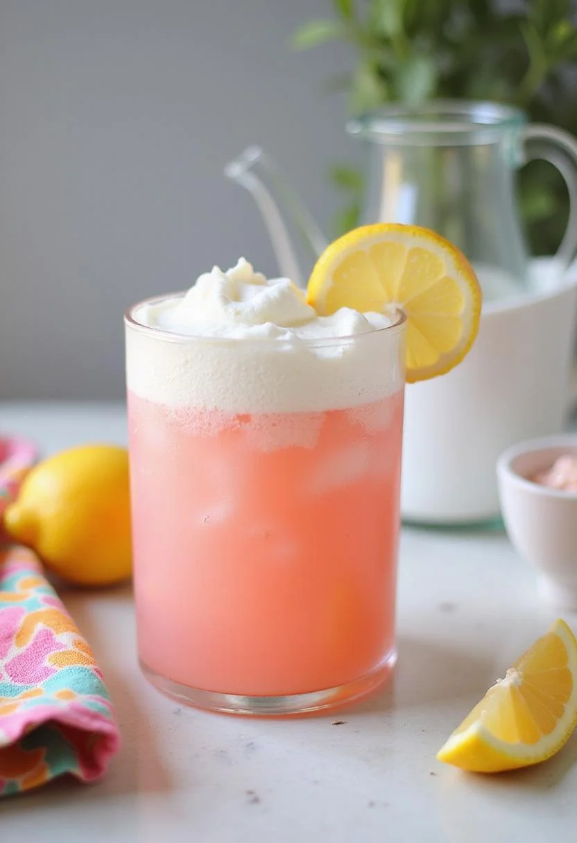 A realistic image of whipped pink lemonade in a glass with a frothy top, styled within a cozy kitchen setting with lemons and colorful textiles, showcasing an inviting summer drink.