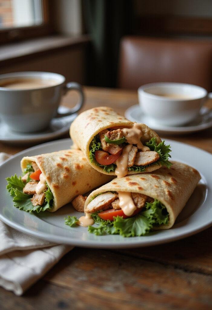 Close-up of a delicious Chipotle Ranch Grilled Chicken Burrito on a wooden table, showing tender chicken, fresh vegetables, and creamy sauce, in a cozy home kitchen setting.