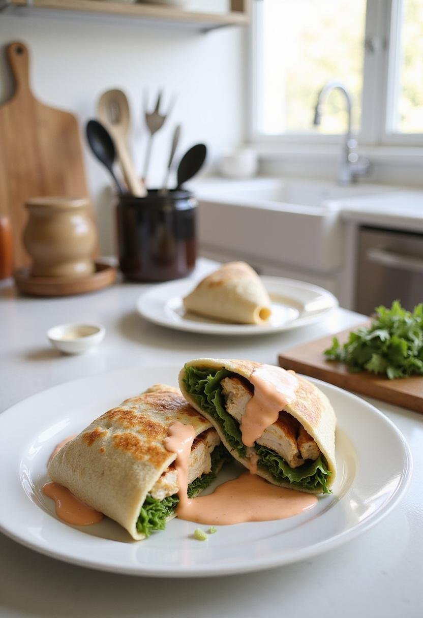 A detailed image of a Chipotle Ranch Grilled Chicken Burrito plated in a modern kitchen, showing the filling of chicken, vegetables, and sauce, with kitchen tools in the background.