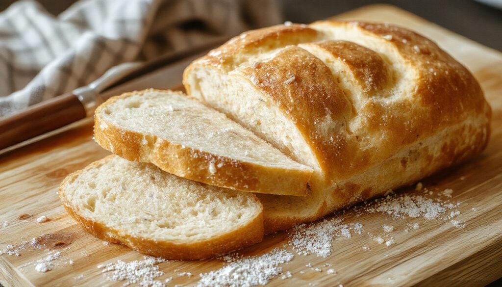 A rustic loaf of no-knead bread with a golden-brown crust sits on a wooden cutting board. The bread's surface shows a textured, crackled crust with a slightly floured appearance, and a soft, airy crumb is visible through a small tear. The background features a neutral, cozy kitchen setting with natural lighting highlighting the artisanal quality of the bread.