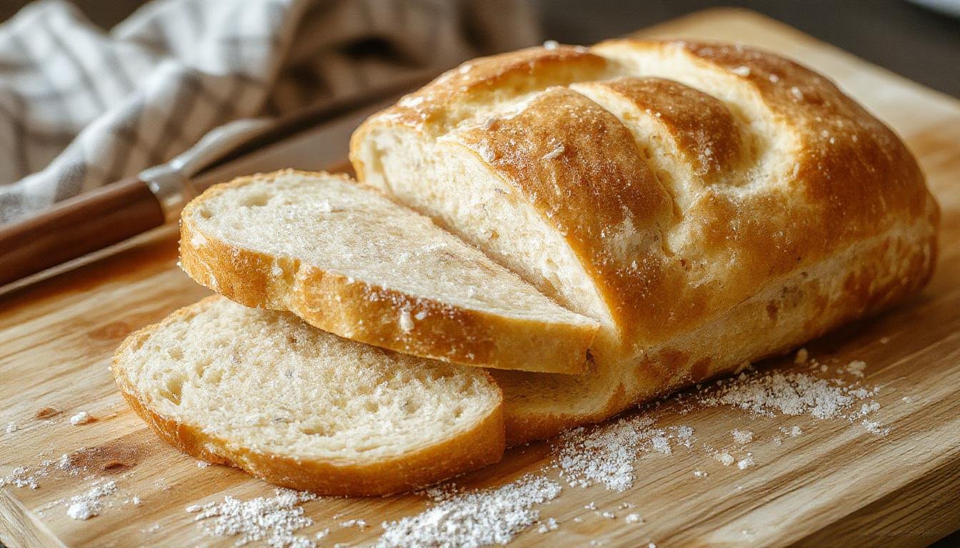 A rustic loaf of no-knead bread with a golden-brown crust sits on a wooden cutting board. The bread's surface shows a textured, crackled crust with a slightly floured appearance, and a soft, airy crumb is visible through a small tear. The background features a neutral, cozy kitchen setting with natural lighting highlighting the artisanal quality of the bread.