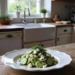 A picture of smashed cucumber salad with feta and dill on a white plate, set in a cozy home kitchen with soft natural light, featuring fresh herbs and a rustic wooden table.
