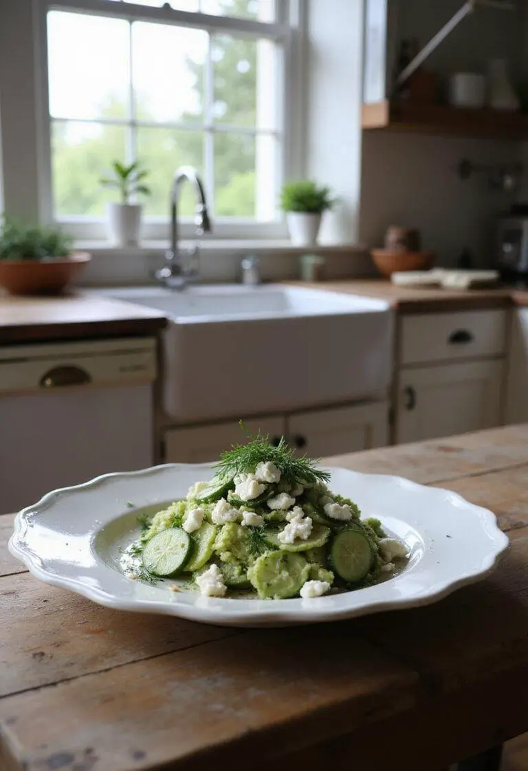 A picture of smashed cucumber salad with feta and dill on a white plate, set in a cozy home kitchen with soft natural light, featuring fresh herbs and a rustic wooden table.