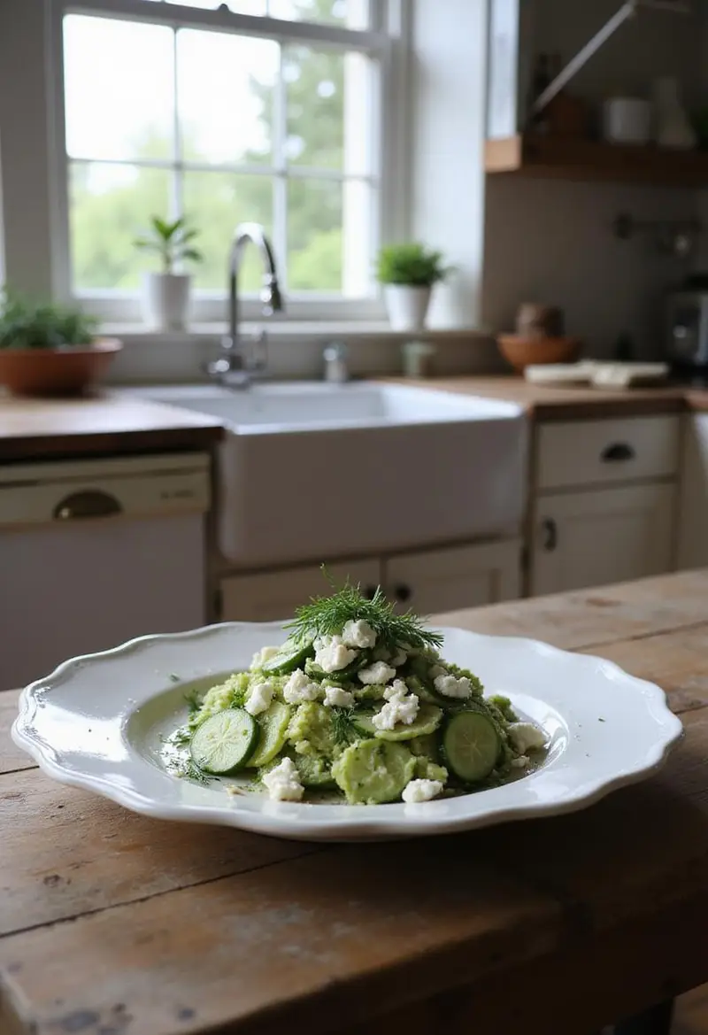 A picture of smashed cucumber salad with feta and dill on a white plate, set in a cozy home kitchen with soft natural light, featuring fresh herbs and a rustic wooden table.