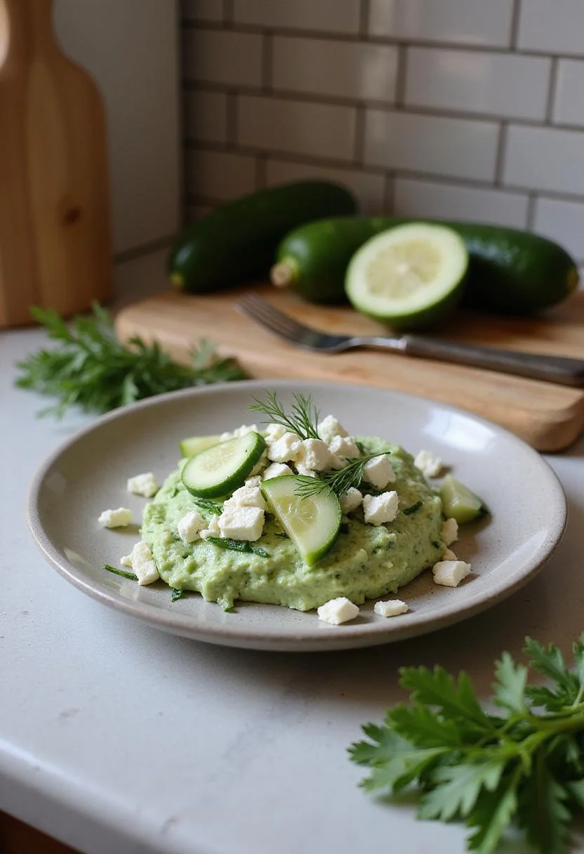 A shot of smashed cucumber salad with feta and dill on a plate in a kitchen setting, featuring fresh ingredients, kitchen tools, and warm lighting for a cozy home atmosphere.