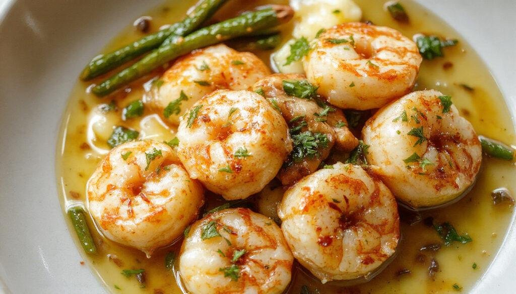 A close-up of a white plate filled with golden-brown shrimp coated in glossy garlic butter sauce, garnished with chopped parsley and lemon wedges, with a rustic wooden table background.