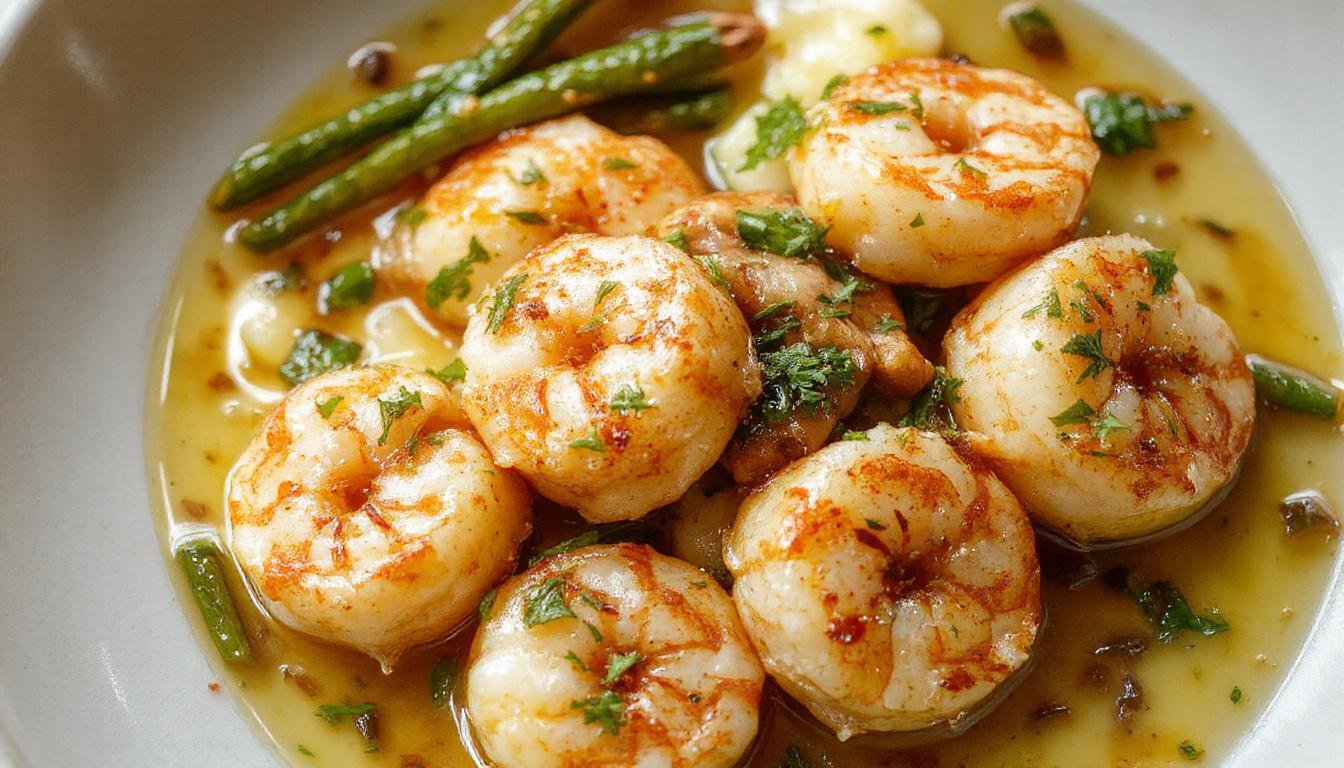 A close-up of a white plate filled with golden-brown shrimp coated in glossy garlic butter sauce, garnished with chopped parsley and lemon wedges, with a rustic wooden table background.