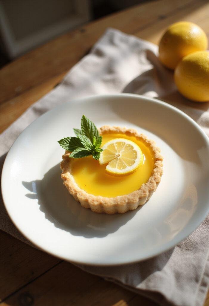 A lemon tart with glossy lemon glaze and flaky crust, garnished with lemon twist and fresh mint, displayed on a white plate in a cozy home setting with warm lighting.