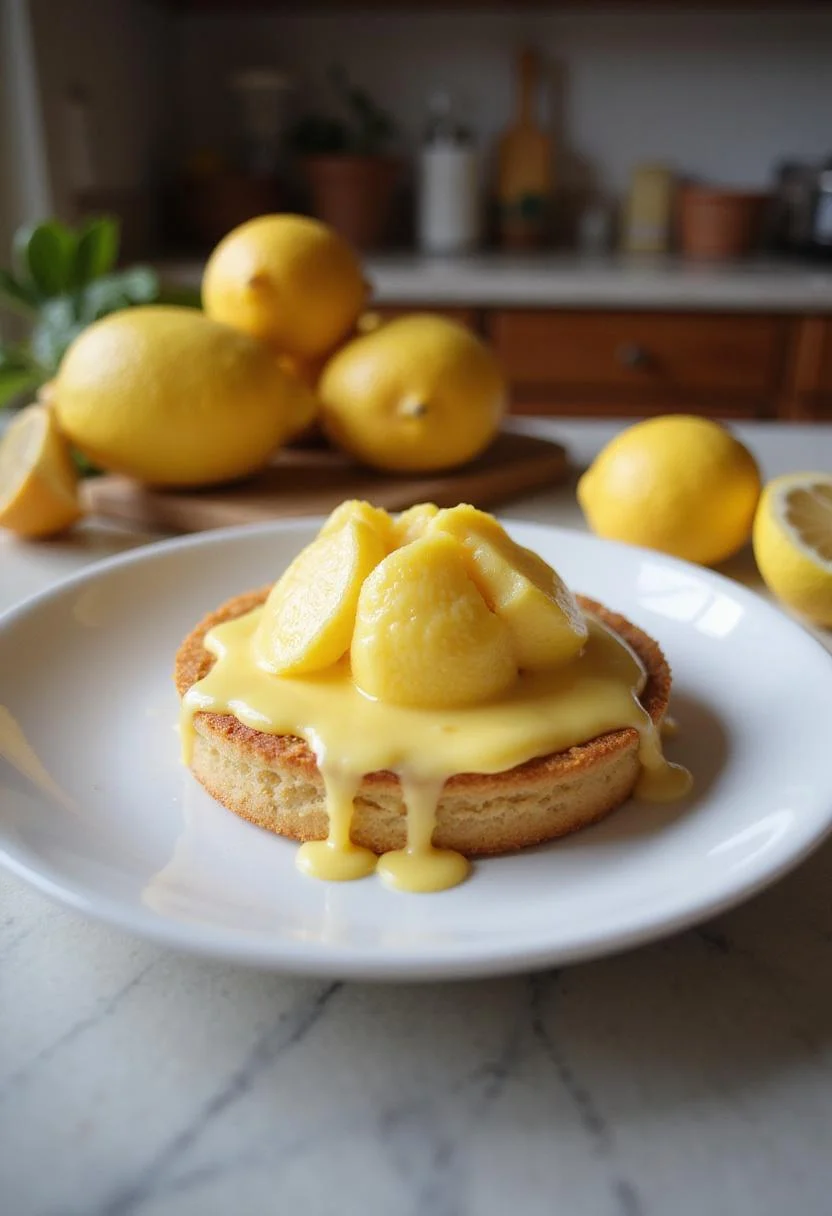 A beautifully presented lemon dessert on a white plate, set in a kitchen environment with wooden cabinets and fresh lemons, showcasing the vibrant layers and glossy surface of the lemon treat.