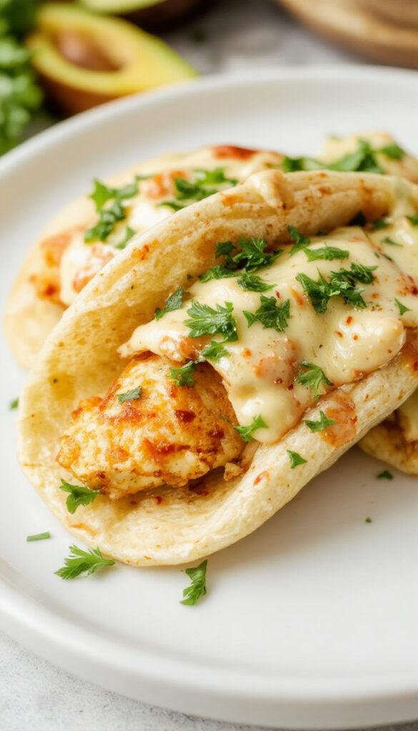 Mini baked chicken tacos on a plate, topped with cheese, lettuce, and salsa, ready to serve in just 20 minutes.