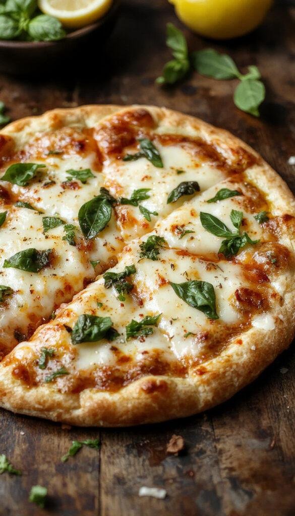 A delicious 3 Cheese Lemon Basil Pizza topped with melted cheese, fresh basil leaves, and lemon zest slices on a crispy crust.