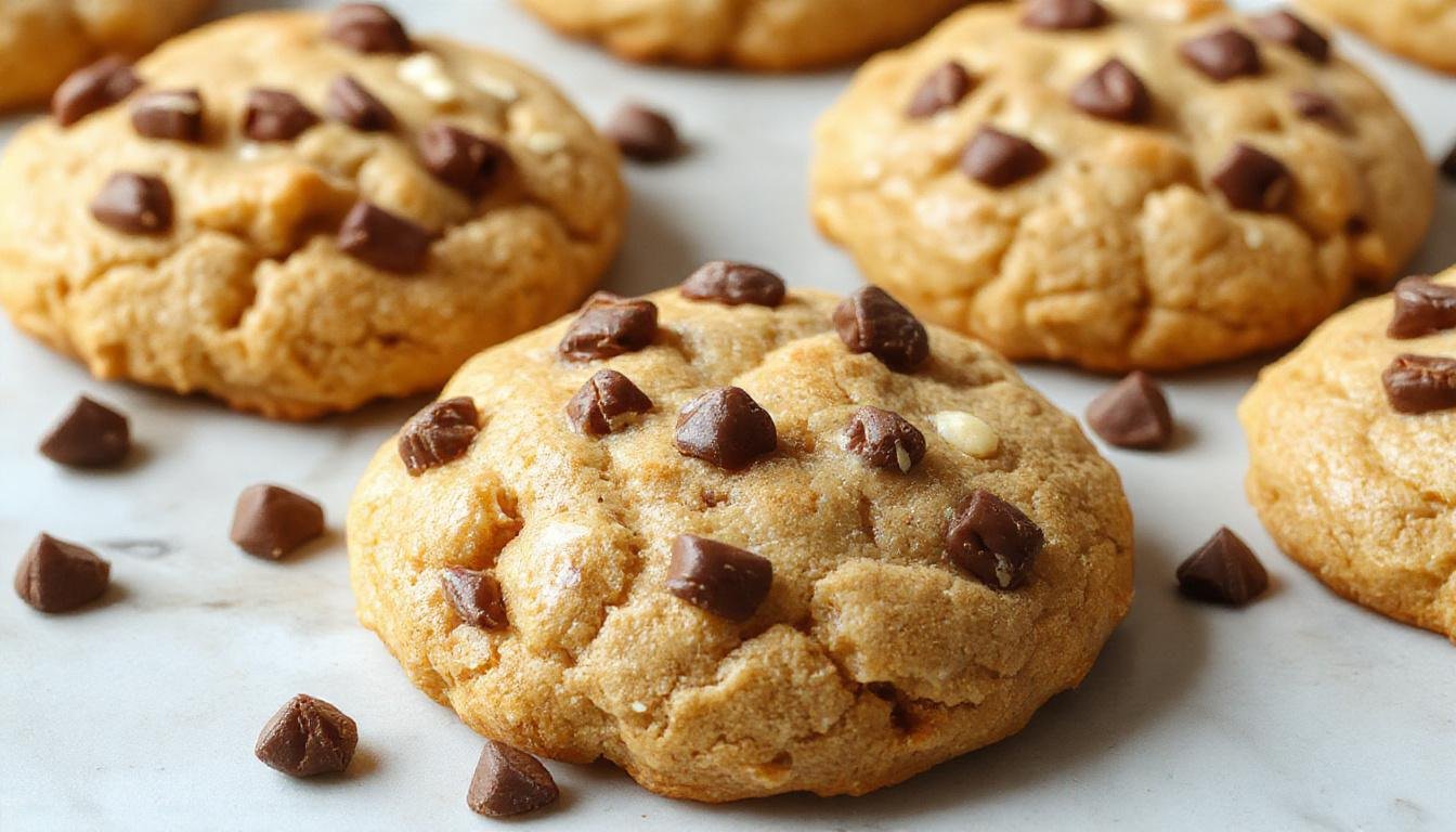 A close-up of three round peanut butter cookies with a golden-brown exterior, slightly textured surface, arranged on a rustic wooden plate, with a few crumbs scattered around and a drizzle of melted chocolate on top for garnish.