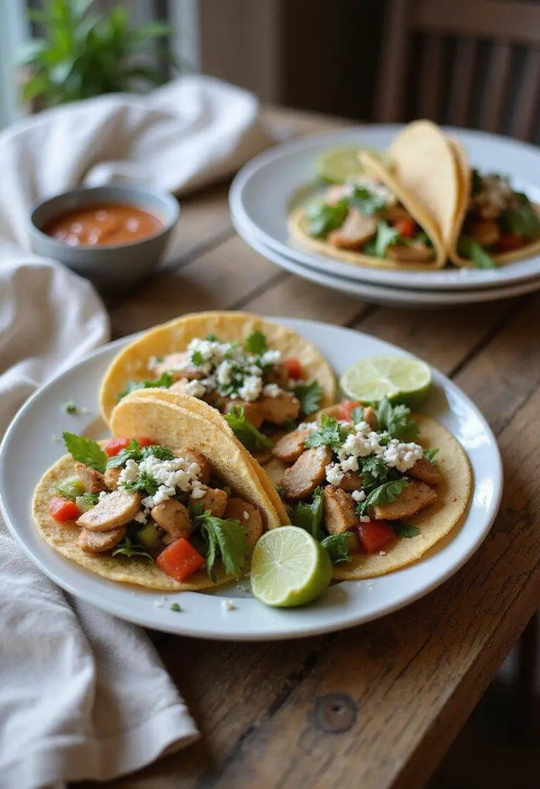 Plate of 3-Step Mediterranean Chicken Tacos with seasoned chicken, fresh vegetables, and herbs, styled in a cozy home kitchen environment, showcasing a warm and inviting presentation.