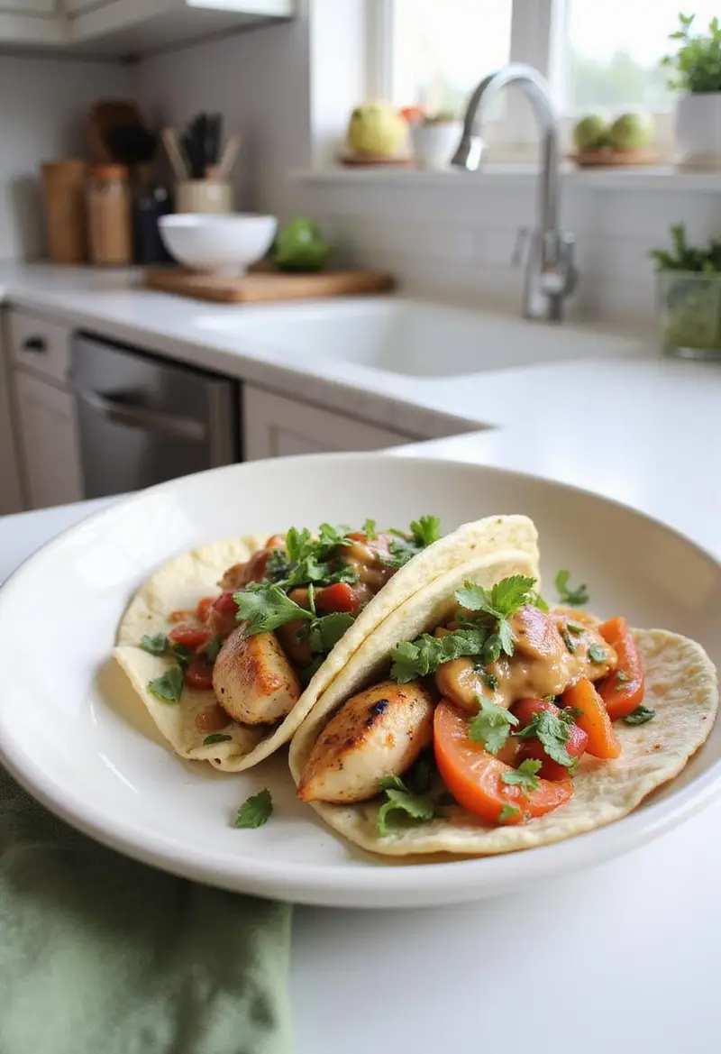 Finished 3-Step Mediterranean Chicken Tacos displayed on a ceramic plate in a kitchen, featuring fresh toppings and a bright, inviting atmosphere.