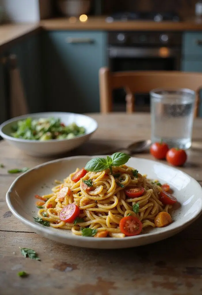 A realistic image of vibrant plant-based pasta on a rustic wooden table in a cozy home kitchen setting, garnished with herbs and cherry tomatoes, creating an inviting and wholesome meal presentation.