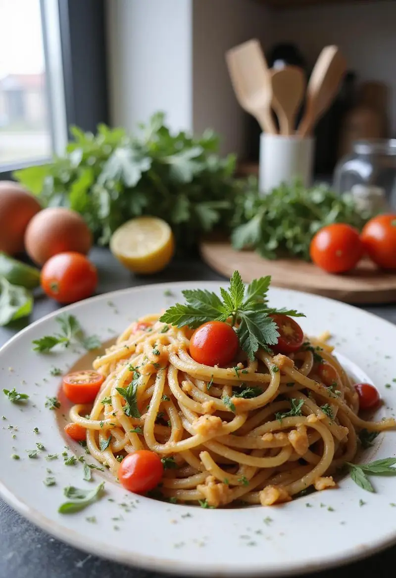 A realistic scene of vibrant plant-based pasta on a plate within a kitchen setting, garnished with herbs and cherry tomatoes, with kitchen tools and ingredients visible, highlighting a fresh and healthy homemade meal.