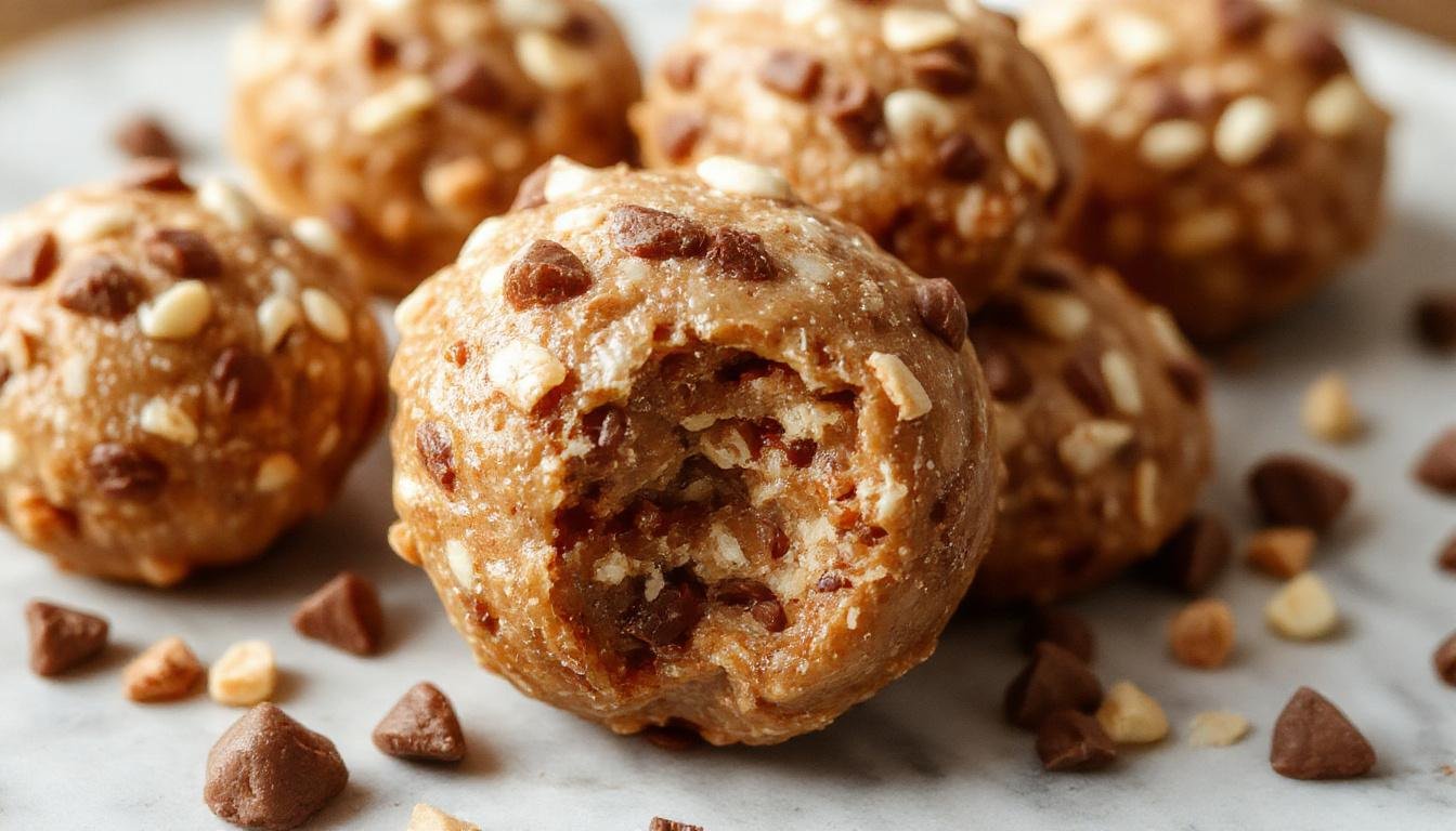 A close-up of several round energy bites with a slightly textured surface, golden brown in color, arranged on a white plate with a few scattered oats and a sprig of mint for garnish. The bites appear moist and chewy, with visible bits of nuts and dried fruit.