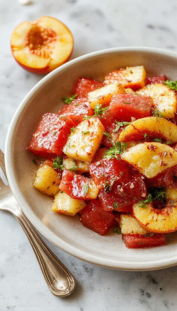 A vibrant summer salad featuring juicy peach slices and fresh watermelon cubes garnished with mint leaves on a white plate