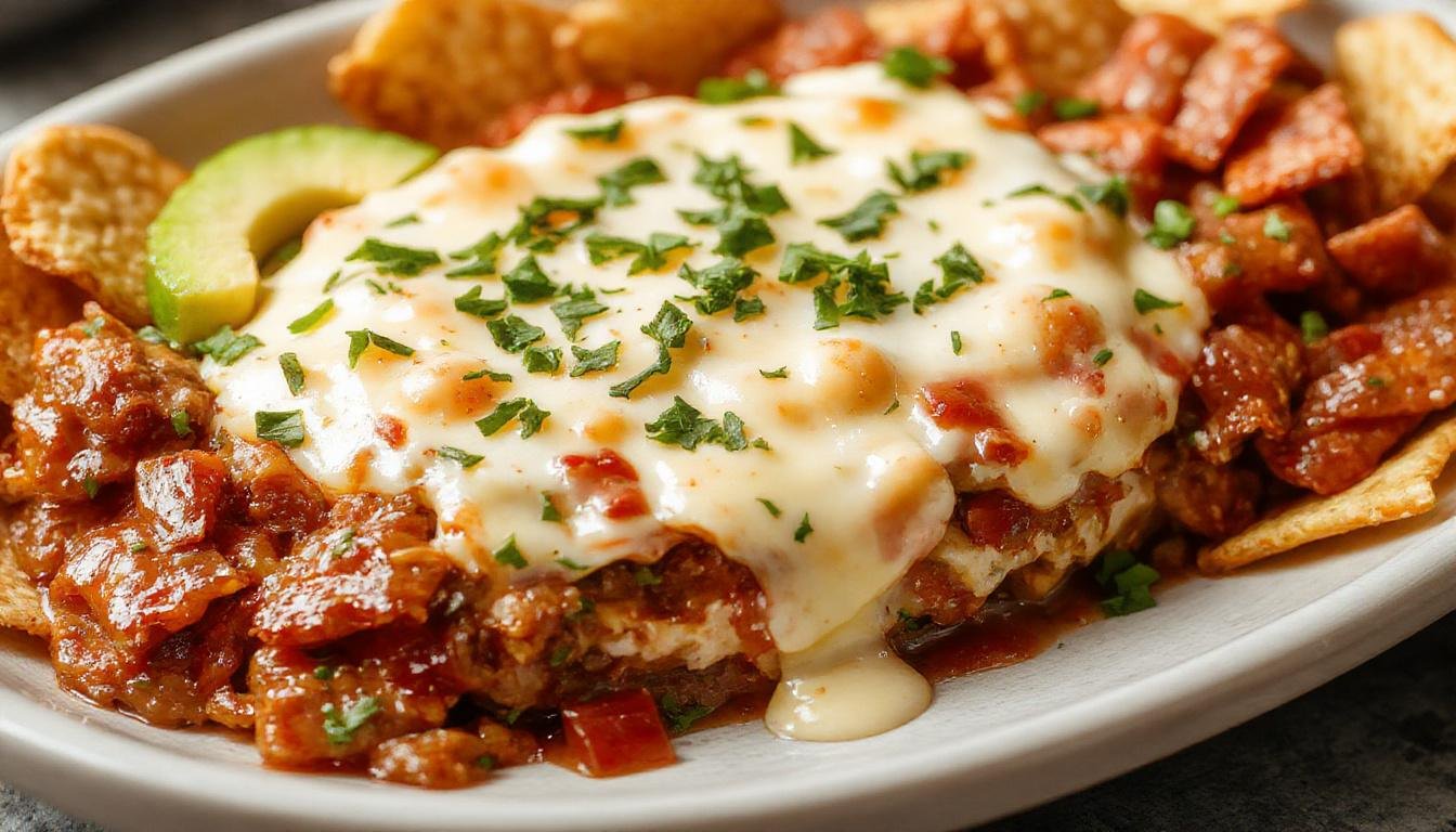 A vibrant, multi-layered 7-Layer Dip displayed in a clear glass dish. The top layer features crumbled cheese and chopped green onions, with visible layers of refried beans, guacamole, sour cream, salsa, shredded cheese, and sliced black olives. The layers are distinctly colorful, creating an inviting and festive appearance with contrasting textures and colors.