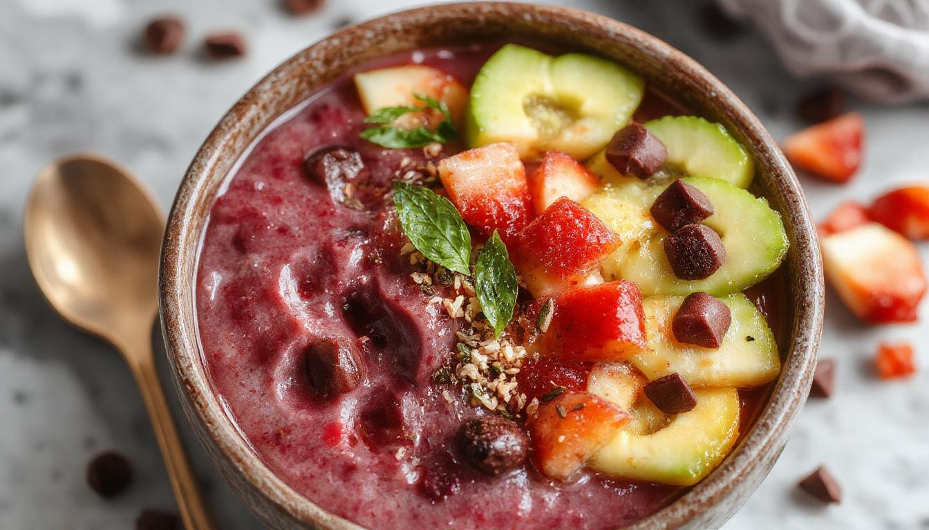 A vibrant acai bowl in a white ceramic bowl, topped with slices of banana, fresh berries, granola, and shredded coconut, with a drizzle of honey on top. The bowl is placed on a rustic wooden table, with a few scattered toppings around.
