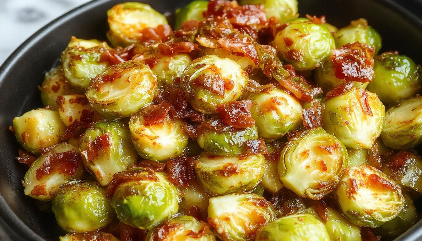 Crispy roasted Brussels sprouts with golden-brown bacon chunks on a white plate, garnished with fresh herbs, showcasing a vibrant green and crispy brown contrast.