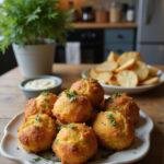 Close-up of crispy Air Fryer Cheesy Mashed Potato Balls on a wooden table, garnished with herbs and served with dipping sauces, set in a cozy home kitchen environment.