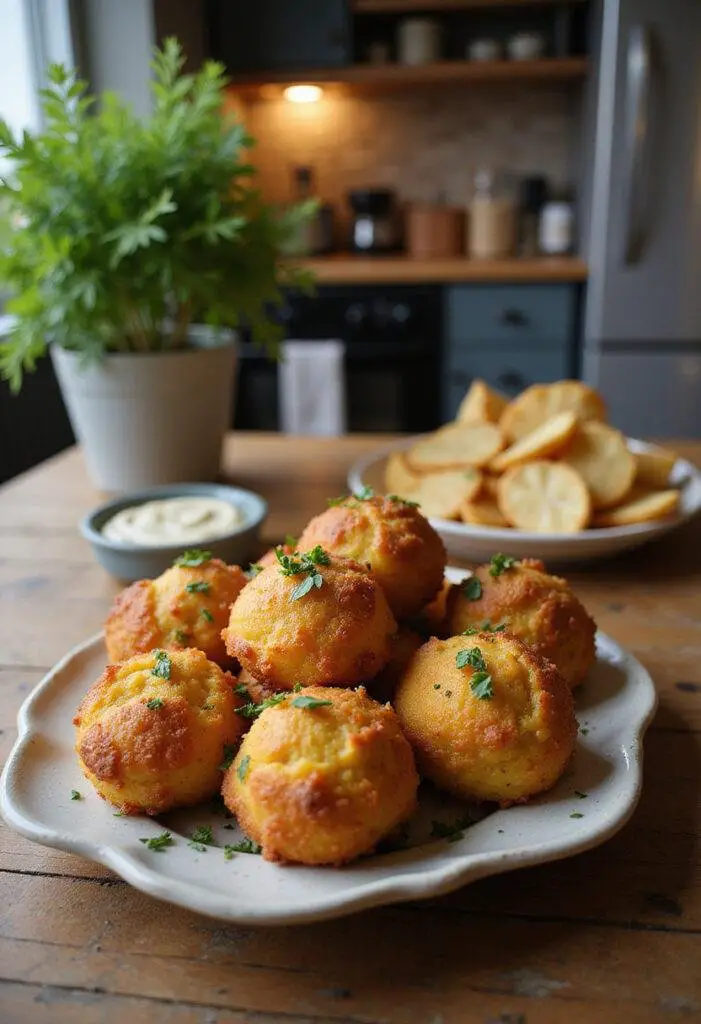 Close-up of crispy Air Fryer Cheesy Mashed Potato Balls on a wooden table, garnished with herbs and served with dipping sauces, set in a cozy home kitchen environment.