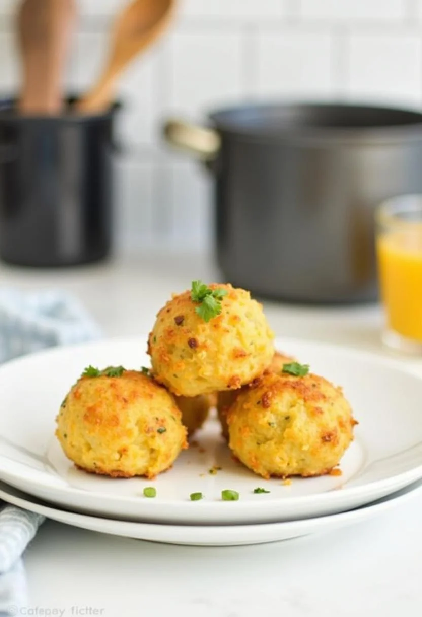 Close-up of crispy Air Fryer Cheesy Mashed Potato Balls on a white plate in a kitchen setting with utensils and cookware in the background, under bright, natural lighting.