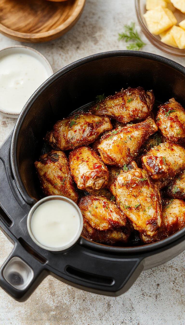 Crispy Air Fryer Hot Honey Lemon Pepper Chicken Wings arranged on a plate, garnished with lemon wedges and sprinkled with pepper.