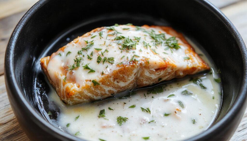 A perfectly cooked piece of air fryer salmon with a crispy golden-brown crust, garnished with fresh dill atop a white ceramic plate. The salmon's flaky texture is visible, with a vibrant pink color contrasting against the green dill and a drizzle of creamy dill sauce on the side. The background features a clean, modern kitchen table setting with subtle natural lighting highlighting the dish's appealing details.