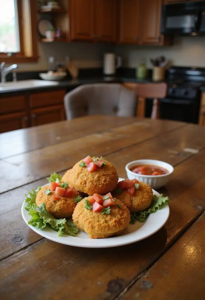 Close-up of crispy Air Fryer Taco Bombs on a plate, garnished with fresh toppings, set on a cozy home kitchen table. The scene features warm lighting and casual homeware, emphasizing a comforting meal.